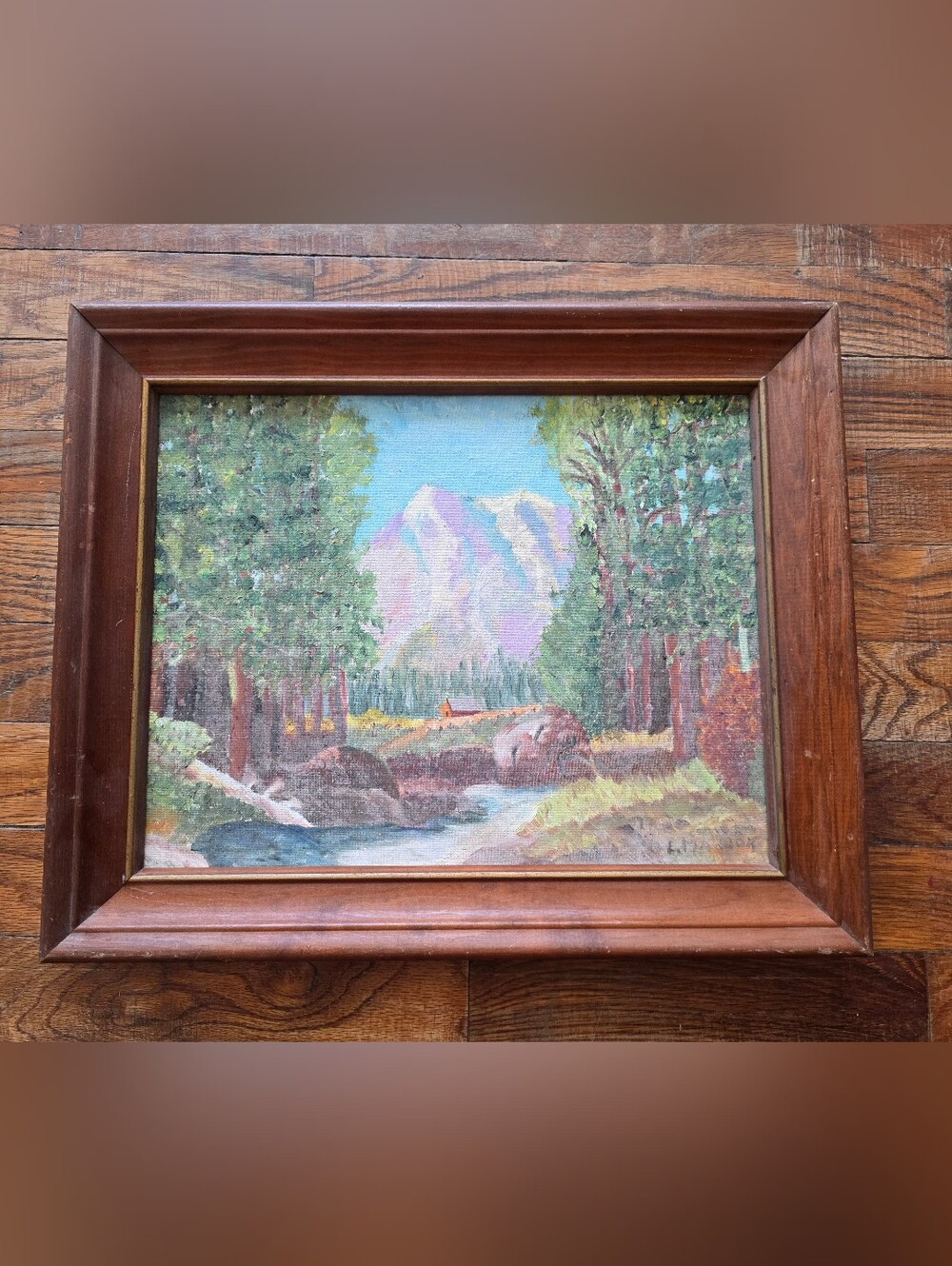 Framed Mountain Cabin Oil Painting in Green and Blue
